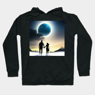 Valentine Wall Art -  Cosmic couple in the mist - Unique Valentine Fantasy Planet Landsape - Photo print, canvas, artboard print Hoodie